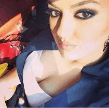 a woman is taking a selfie in a car while wearing a blue jacket and a white tank top .