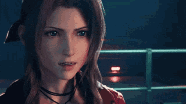 a close up of a woman 's face in a video game with a fence in the background .