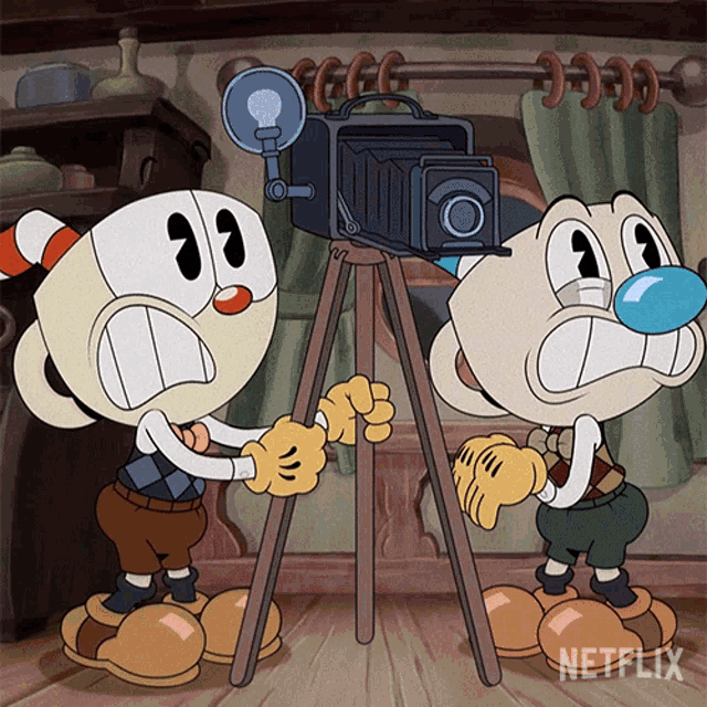 two cartoon characters are standing next to a camera that says netflix on the bottom right
