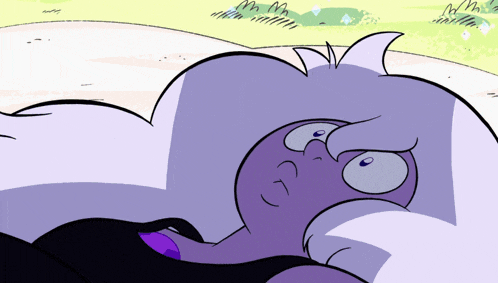 a cartoon character with a purple hair and a blue eye is laying down