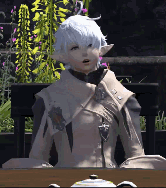 a video game character with white hair is sitting at a table in front of flowers