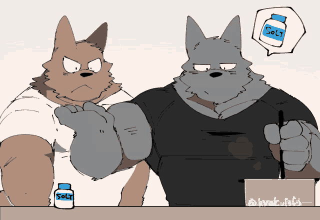 a cartoon drawing of two wolves with a bottle that says salt on it