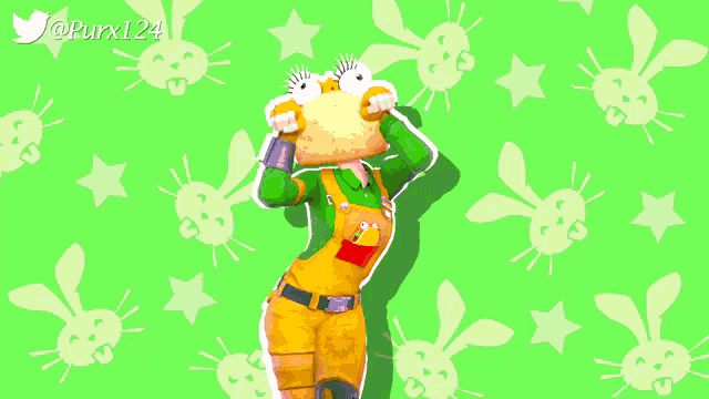a person in overalls with a hamburger on their head is standing in front of a green background with rabbits and stars