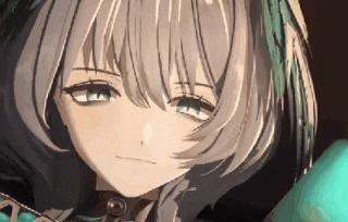 a close up of a girl 's face with gray hair and green eyes in a video game .