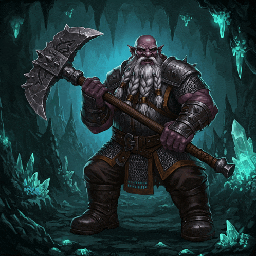 an illustration of a bearded dwarf holding a large axe