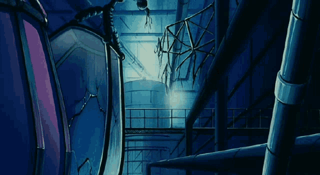 a cartoon drawing of a dark room with a light coming out of the ceiling