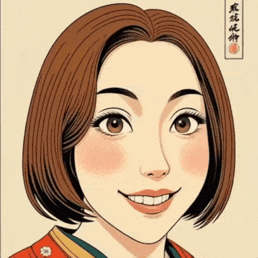 a cartoon drawing of a smiling woman with chinese writing behind her