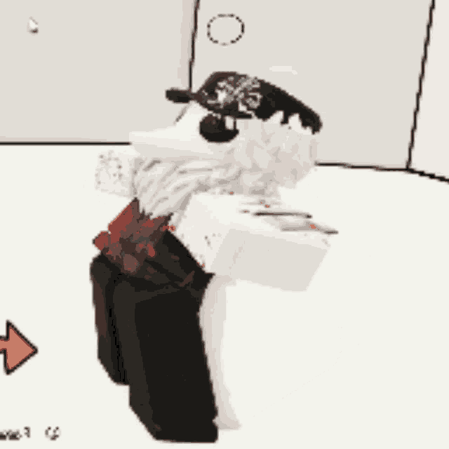 a cartoon character with blood on his clothes and a hat with a skull on it