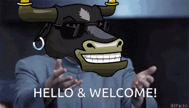 a cartoon of a bull wearing sunglasses and earrings says hello & welcome