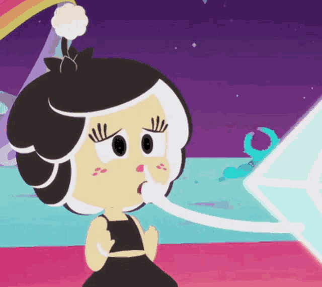 a cartoon girl with black hair and white fringe is blowing a bubble out of her nose