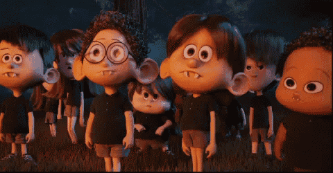 a group of cartoon characters holding marshmallows and bones