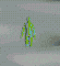 a pixel art of a person in a green and blue outfit standing on a white surface .