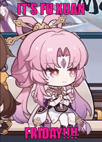 a cartoon girl with pink hair and the words it 's fu xuan friday