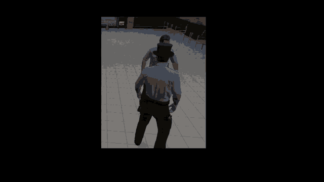 a police officer is standing next to another police officer in a room