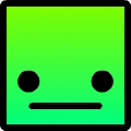 a green square with two black circles on it is a smiley face .