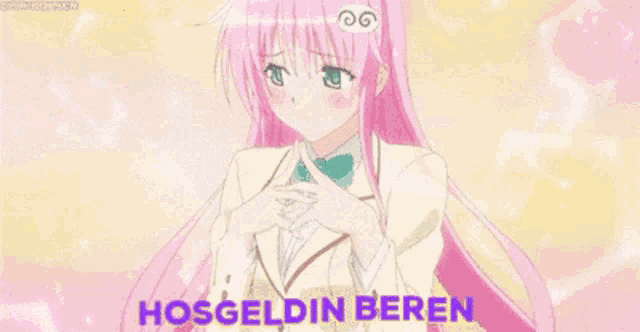 a pink haired anime girl with the words hogeldin beren written on the bottom