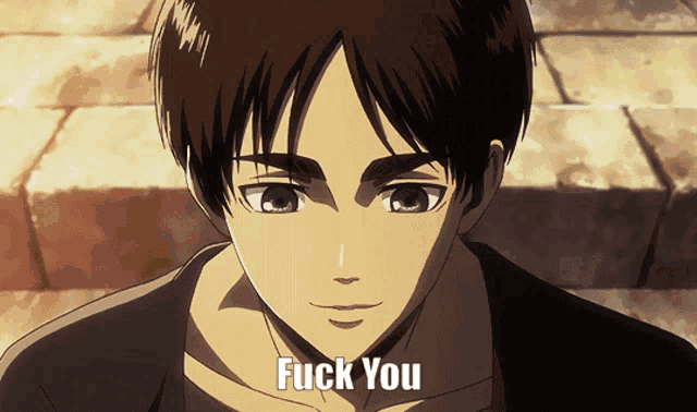 a close up of a person 's face with the words " fuck you " written below it