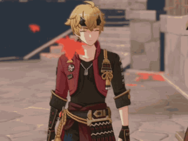 a man in a red jacket has a patch on his chest that says ' a ' on it