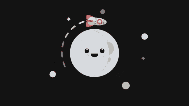 a rocket is flying around the moon with a face on it