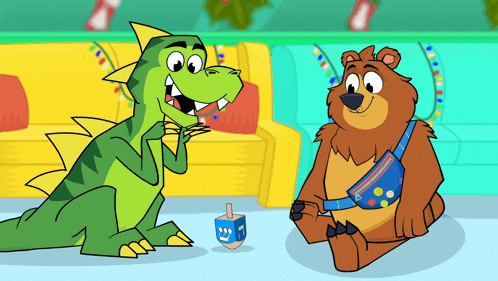 a cartoon of a dinosaur and a bear playing a dreidel