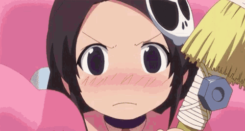 a cartoon girl with a skull mask on her head