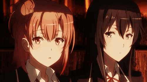 two anime girls are standing next to each other with their eyes closed
