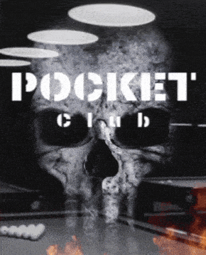 a pool table with a skull in the background and the words pocket club