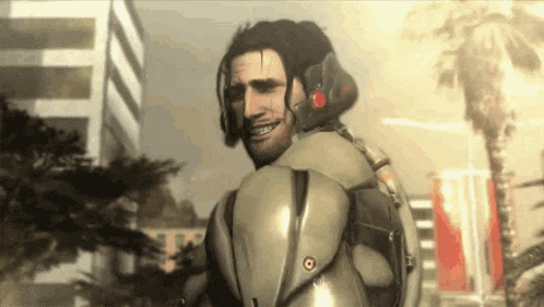 a man in a futuristic suit is hugging another man in a video game .