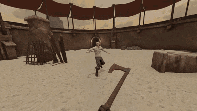 a man in a white shirt is holding a sword in a game