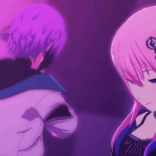 a girl with purple hair is standing next to a boy with purple hair