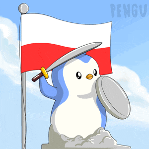 a penguin is holding a sword and shield in front of a flag and the word pengu on the bottom