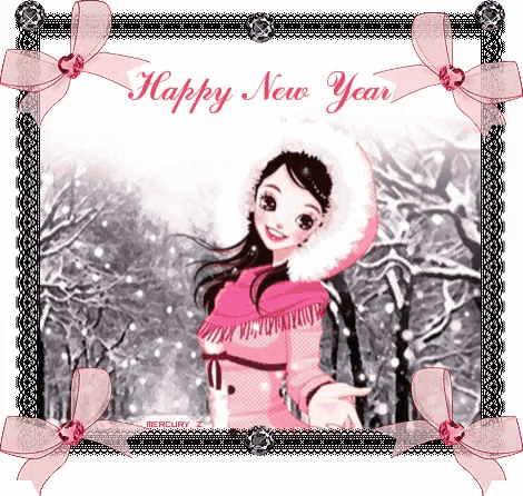 a happy new year greeting card with a girl wearing a pink coat