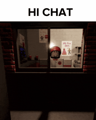 a sign that says hi chat on top of a dark room