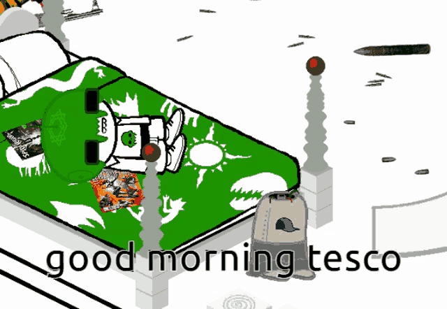 a bed with a green blanket and the words good morning tesco on the bottom
