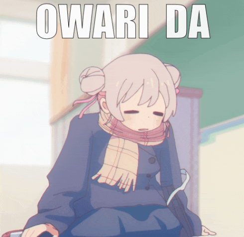 a picture of a girl with a scarf around her neck and the words owari da
