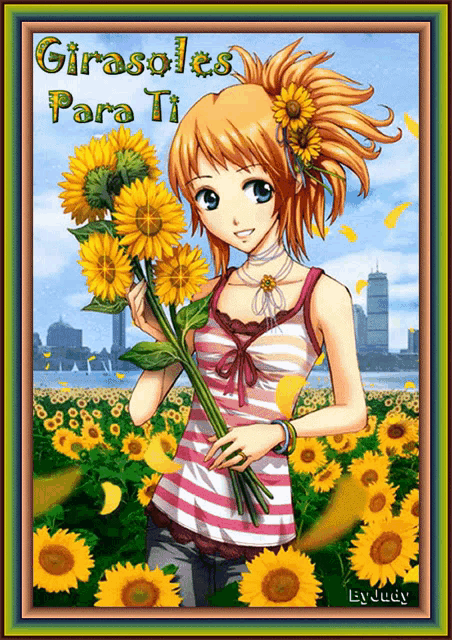 a girl is holding a bouquet of sunflowers in front of a field
