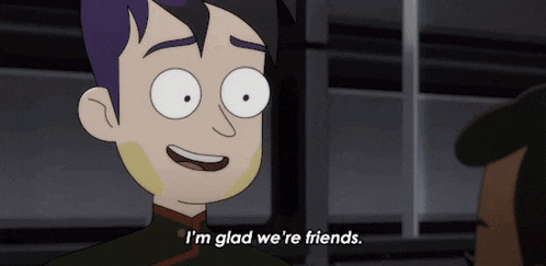 a cartoon character with purple hair says " i 'm glad we 're friends "