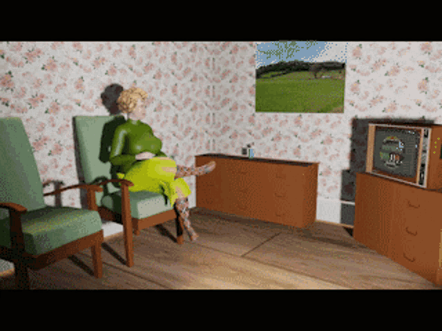 a computer generated image of a woman sitting in a chair watching tv