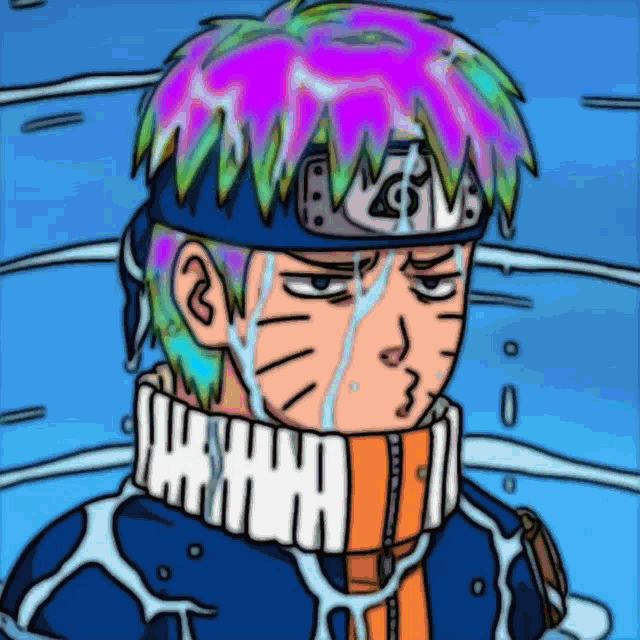 a cartoon drawing of a boy with purple hair and a scarf around his neck with the letter h on it