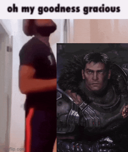 a man with a beard stands next to a picture of a man in armor