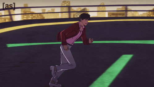 a cartoon of a man running in front of a city skyline with the words [ as ] below him