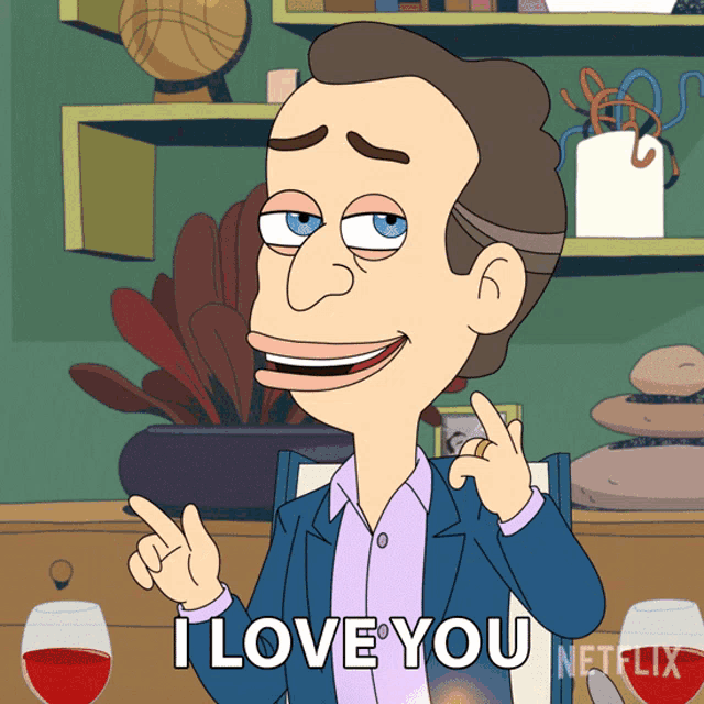 a cartoon man says i love you in front of a netflix logo