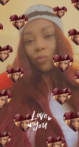 a woman with red hair is surrounded by hearts and the words love you on the bottom