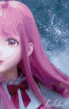 a drawing of a girl with pink hair is signed by kevilee