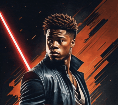 a man in a leather jacket is holding a red lightsaber