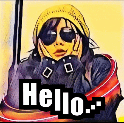 a cartoon of a woman wearing sunglasses and a yellow hat with the words hello written on it
