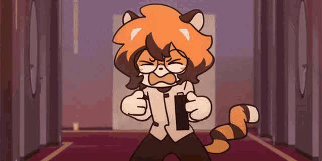 a cartoon of a cat holding a phone with the letter l on it