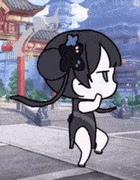 a cartoon character with a flower in her hair is walking in a city