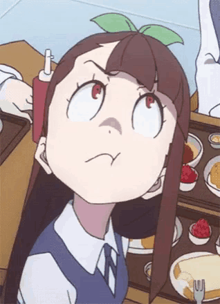 a cartoon girl with a green leaf on her head looks up at something
