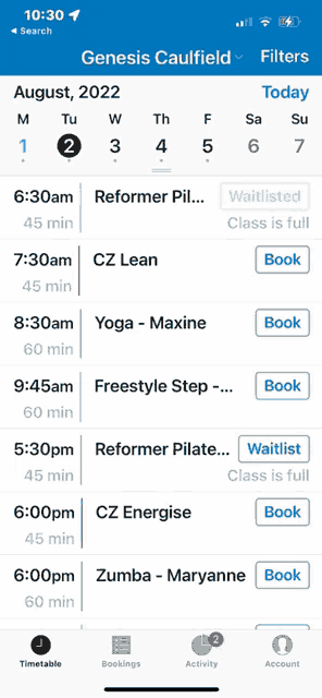 a phone screen shows a schedule for genesis caulfield for august 2022